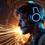 A focused gamer, mid-game, wearing a futuristic gaming headset. Visualize abstract, glowing sound waves and directional lines emanating from the headset, leading towards phantom enemy outlines or tactical markers within a dimly lit, high-stakes FPS game environment. The gamer's expression is intense, conveying a sense of "seeing with sound" and strategic advantage. Emphasize crisp detail, dynamic lighting, and a competitive gaming aesthetic.