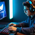 게이밍 마우스패드의 필수 기능 - **Prompt 1: "Ultimate Focus on the Game"**
    A dynamic, eye-level shot of a young adult gamer, gen...