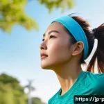 무선 이어폰과 유선 이어폰의 대역폭 차이 - A modern Japanese woman jogging in a park wearing sleek wireless Bluetooth earbuds with visible ear ...