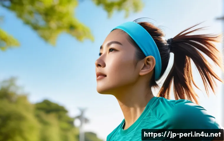 무선 이어폰과 유선 이어폰의 대역폭 차이 - A modern Japanese woman jogging in a park wearing sleek wireless Bluetooth earbuds with visible ear ...