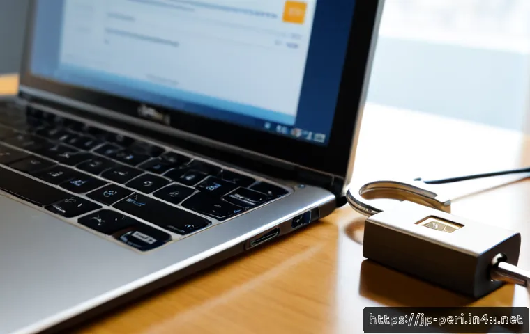 외장 하드 드라이브의 데이터 암호화 기능 - Photorealistic close-up of a sleek unbranded external hard drive connected to a laptop on a clean mo...